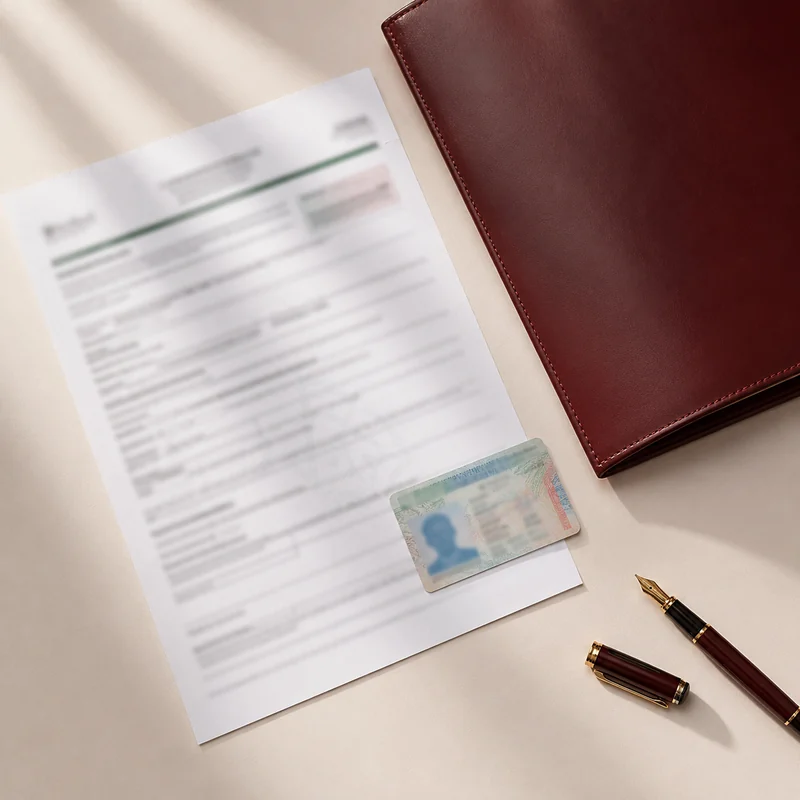 EB-1A green card petition documents beside a leather folio and fountain pen