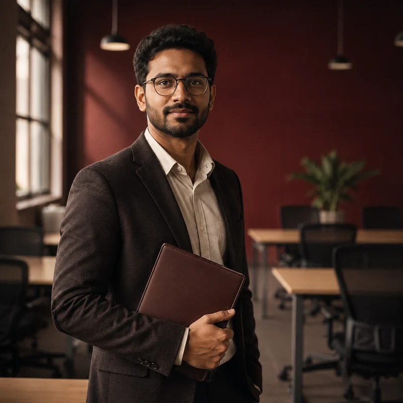 A professional standing alone in an open-plan workspace holding a document folio, the desks behind them empty.