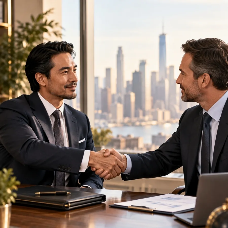Two business partners shaking hands in a U.S. office, closing a treaty trade and investment deal
